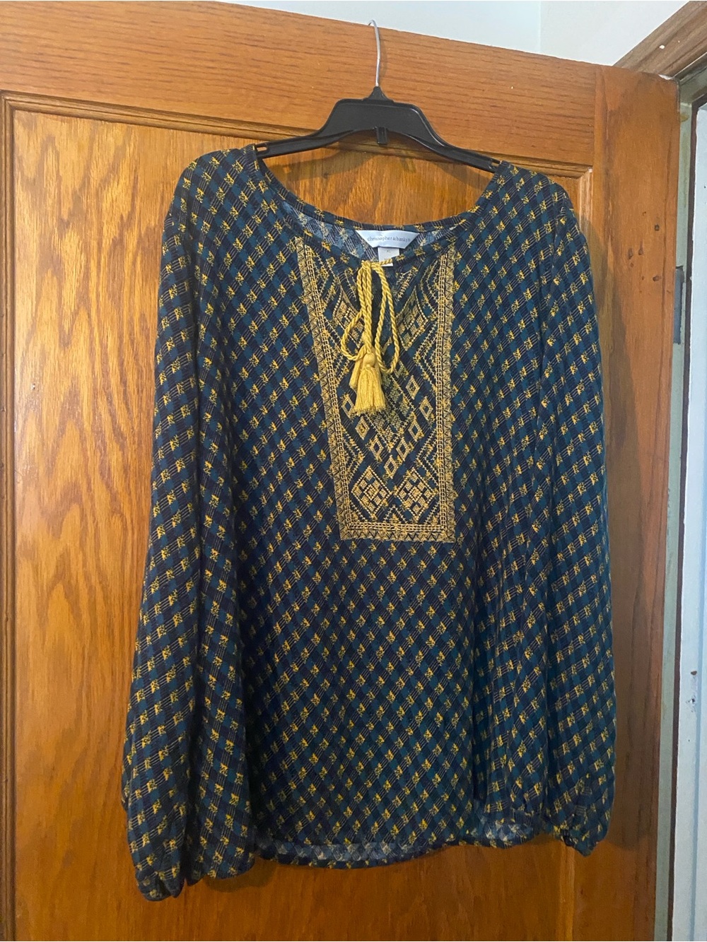 Christopher & Banks Navy Tunic with Mustard Embroidery and Tassel